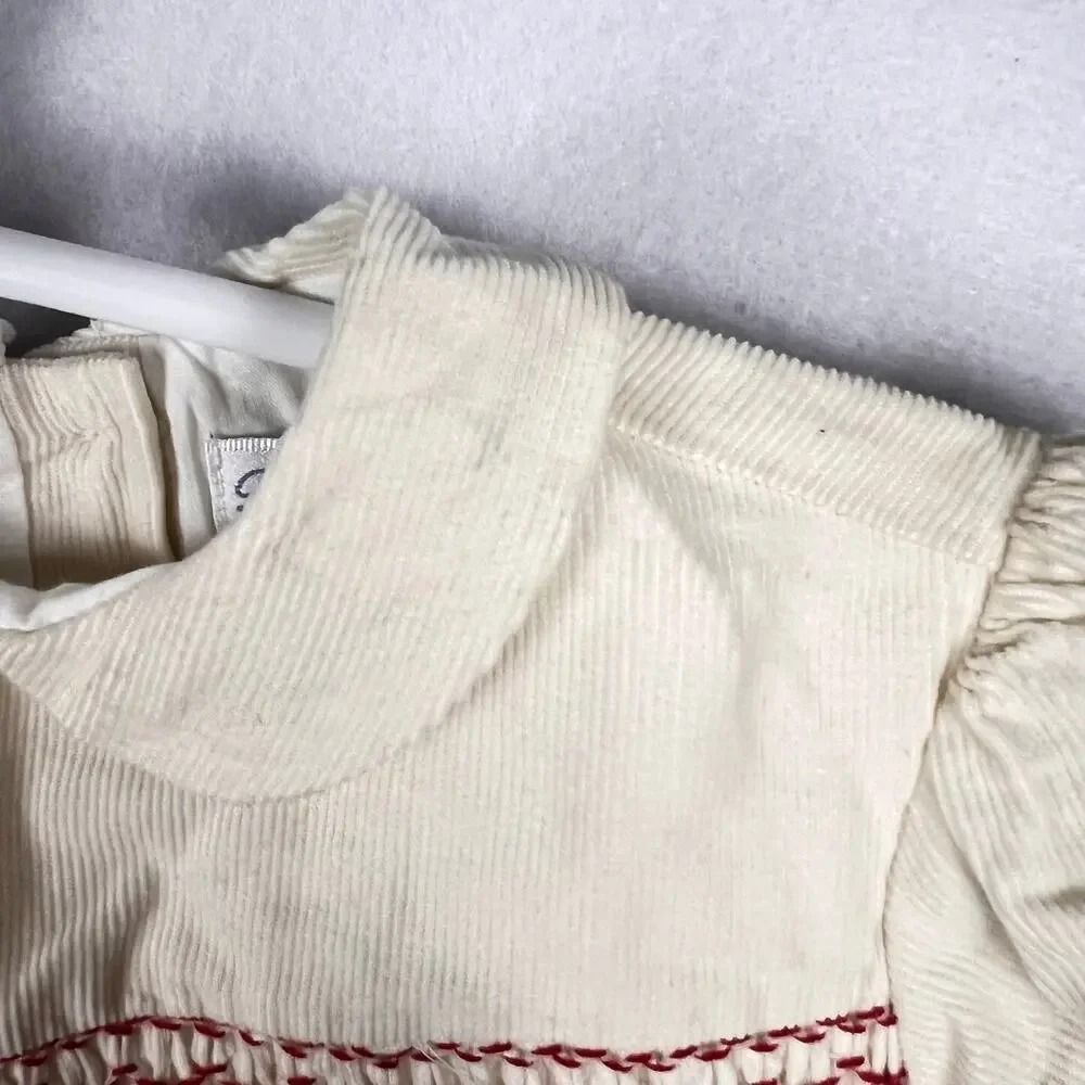 Vintage Ralph Lauren Baby Smocked Corduroy Romper 9M Months Cream Red Holiday